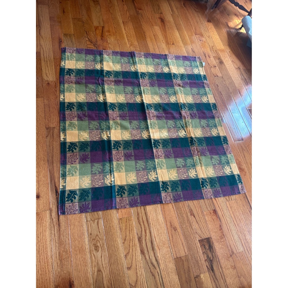 Fashion Industries Vintage 1997 Cotton Tablecloth Leaf Plaid Purple Green 47x47"